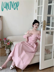 Lunivop Sweet Backless Bow Puff Sleeve Midi Dress Women Summer New Pink Bandage Fashion Elegant