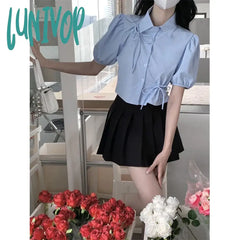 Lunivop Sweet Bow Shirts Women Streetwear Hollow Out Folds Crop Tops Summer Korean Kawaii Fashion