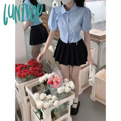 Lunivop Sweet Bow Shirts Women Streetwear Hollow Out Folds Crop Tops Summer Korean Kawaii Fashion