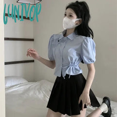 Lunivop Sweet Bow Shirts Women Streetwear Hollow Out Folds Crop Tops Summer Korean Kawaii Fashion