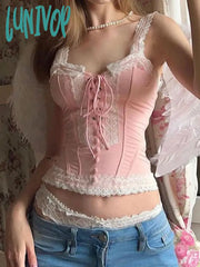 Lunivop Sweet Coquette Slip White Sexy Tops Camis Slim Korean Bow Cutecore Lace Spliced Summer Crop