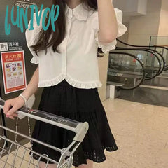 Lunivop Sweet Cute White Shirt Women Pink Ruffles Puff Sleeve Blouse Student Summer Kawaii Preppy