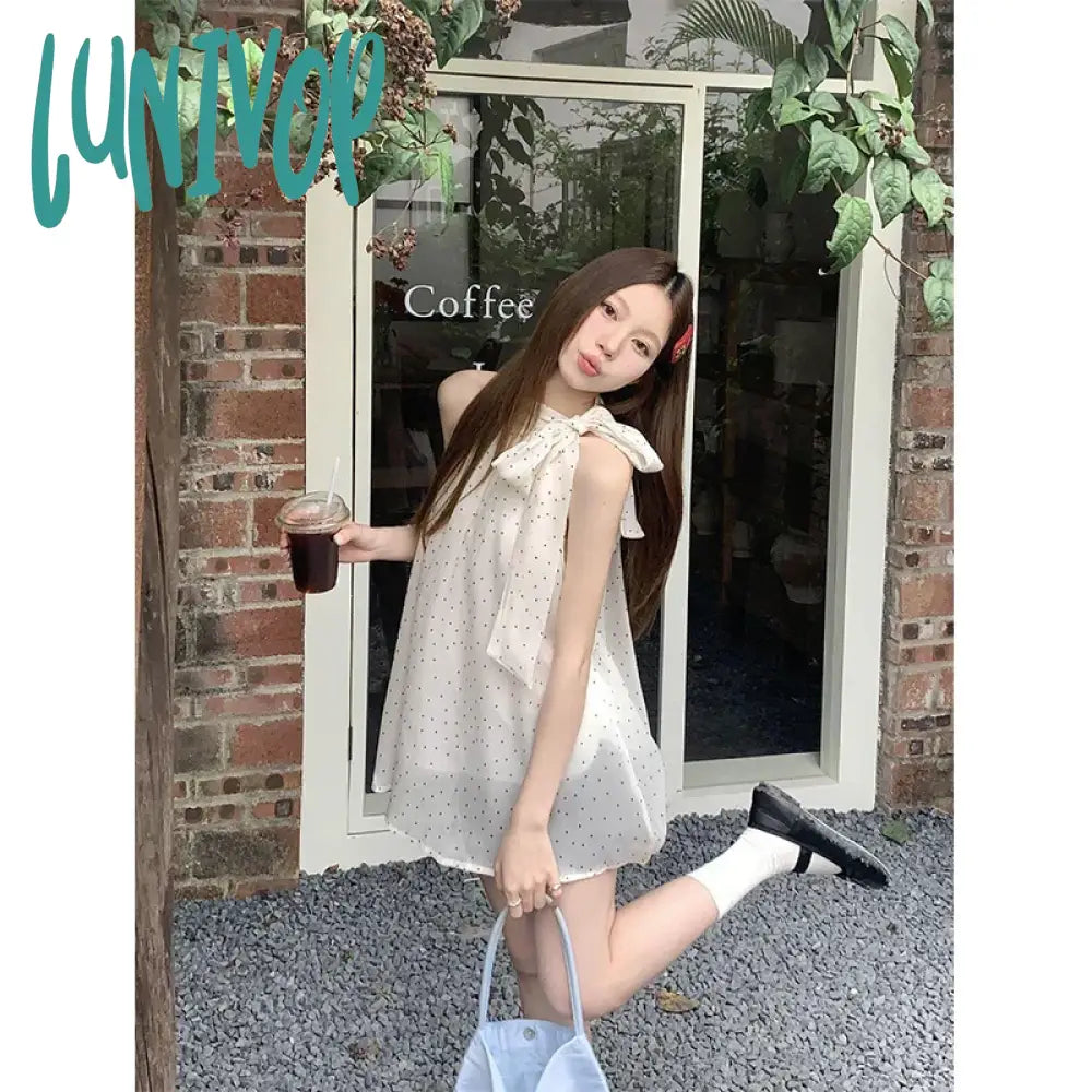 Lunivop Sweet Dot Shirts Women Elegant Bow Bandage Blouses Vintage Halter Print Tops Summer Korean