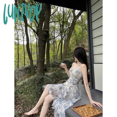 Lunivop Sweet Elegant Floral Strap Dress Women Summer Ruffles Designer Korean Party Female Vintage