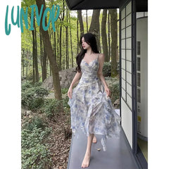 Lunivop Sweet Elegant Floral Strap Dress Women Summer Ruffles Designer Korean Party Female Vintage