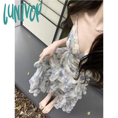 Lunivop Sweet Elegant Floral Strap Dress Women Summer Ruffles Designer Korean Party Female Vintage