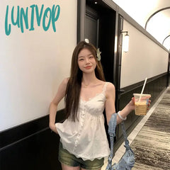 Lunivop Sweet Fashion V-Neck Lace White Camisole Tops Mujer 2024 Summer New Vest For Women Y2K