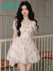 Lunivop Sweet Floral Fairy Mini Dress Summer Kawaii Puff Sleeve Mesh Spliced Birthday Dresses Women
