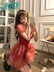 Lunivop Sweet Floral Fairy Short Party Dress Female Elegant French Red Y2K Mini Summer Kawaii