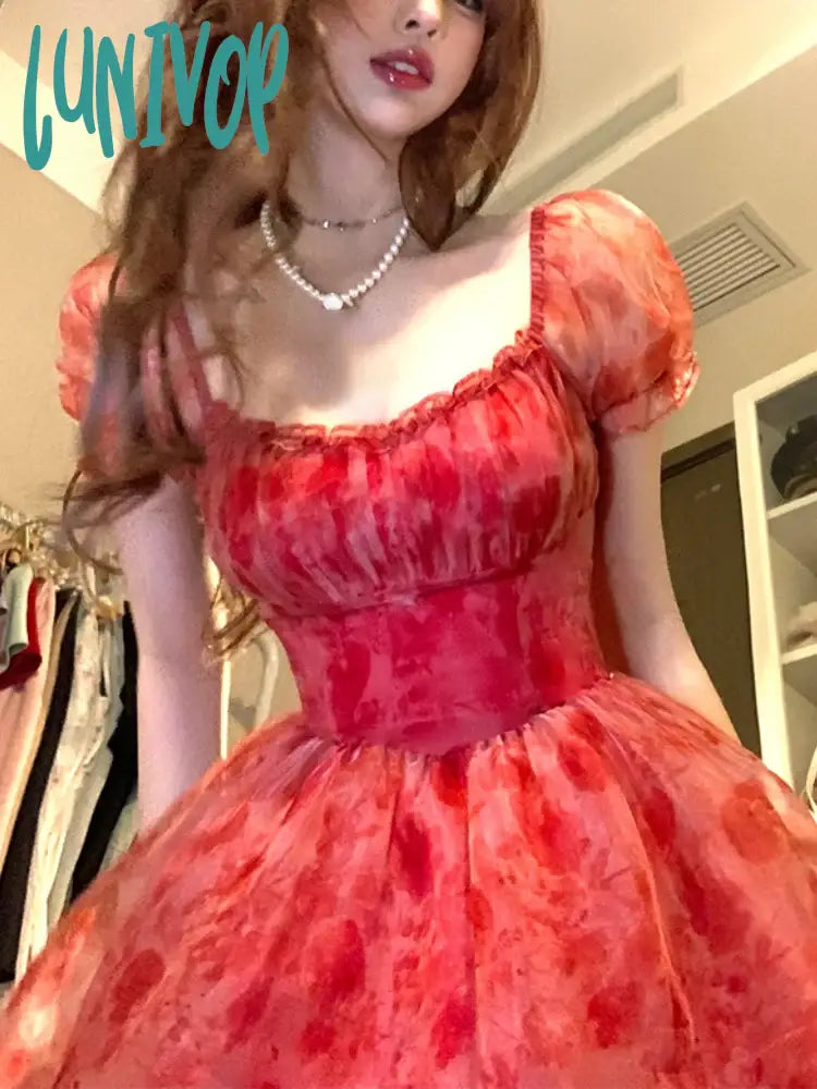 Lunivop Sweet Floral Fairy Short Party Dress Female Elegant French Red Y2K Mini Summer Kawaii
