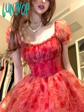 Lunivop Sweet Floral Fairy Short Party Dress Female Elegant French Red Y2K Mini Summer Kawaii