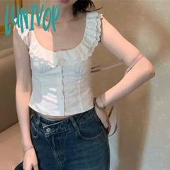 Lunivop Sweet Gentle O-Neck Lace Ruffles White Shirts Female 2024 Sumer New Vest For Women Y2K