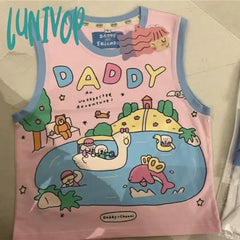 Lunivop Sweet Hand Drawn Graffiti Vest For Women 2024 Summer New O-Neck Pink Blue Tank Top Y2K