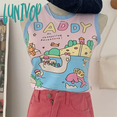 Lunivop Sweet Hand Drawn Graffiti Vest For Women 2024 Summer New O-Neck Pink Blue Tank Top Y2K