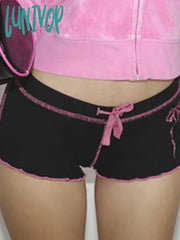 Lunivop Sweet Korean Stitched Low Waisted Summer Shorts For Women Coquett Clothes Bow Ruched Skinny