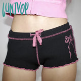 Lunivop Sweet Korean Stitched Low Waisted Summer Shorts For Women Coquett Clothes Bow Ruched Skinny