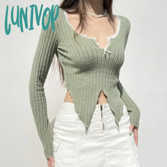 Lunivop Sweet Lace Patchwork Split Cropped Top Y2K Aesthetic Fairy Grunge Square Collar Long Sleeve