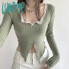 Lunivop Sweet Lace Patchwork Split Cropped Top Y2K Aesthetic Fairy Grunge Square Collar Long Sleeve
