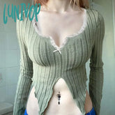 Lunivop Sweet Lace Patchwork Split Cropped Top Y2K Aesthetic Fairy Grunge Square Collar Long Sleeve