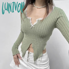 Lunivop Sweet Lace Patchwork Split Cropped Top Y2K Aesthetic Fairy Grunge Square Collar Long Sleeve