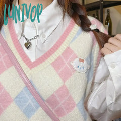 Lunivop Sweet Light Pink Argyle V-Neck Sweater Vest 2024 Spring New Sleeveless Tops Women Y2K