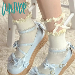 Lunivop Sweet Lolita Lace Bow Middle Tube Socks Girls Black White Jk Korean Soft Cotton Breathable
