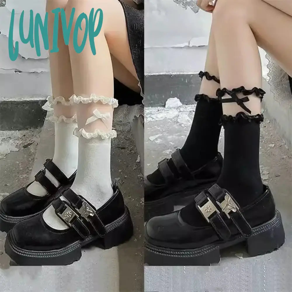 Lunivop Sweet Lolita Lace Bow Middle Tube Socks Girls Black White Jk Korean Soft Cotton Breathable