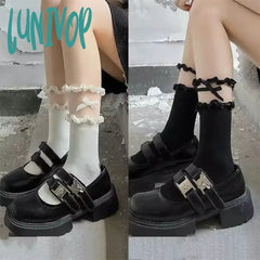 Lunivop Sweet Lolita Lace Bow Middle Tube Socks Girls Black White Jk Korean Soft Cotton Breathable