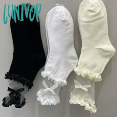 Lunivop Sweet Lolita Lace Bow Middle Tube Socks Girls Black White Jk Korean Soft Cotton Breathable
