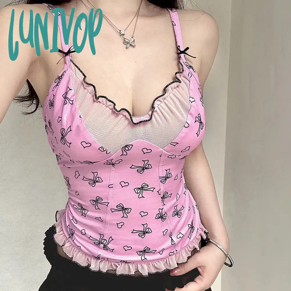 Lunivop Sweet Patchwork Mesh Camis Top See Through Sexy Slim V-Neck Sleevelkess Tank Tops Women