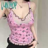 Lunivop Sweet Patchwork Mesh Camis Top See Through Sexy Slim V-Neck Sleevelkess Tank Tops Women