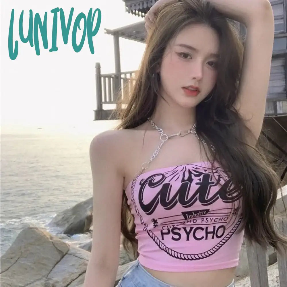 Lunivop Sweet Pink Letter Print Camisole Vest For Women Summer Sexy Off Shoulder Tank Top Y2K