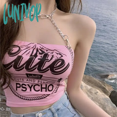Lunivop Sweet Pink Letter Print Camisole Vest For Women Summer Sexy Off Shoulder Tank Top Y2K
