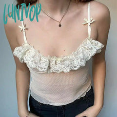 Lunivop Sweet Solid Lace Trim Camis Top See Through Sexy Slim Slash Neck Sleeveless Tank Tops Women