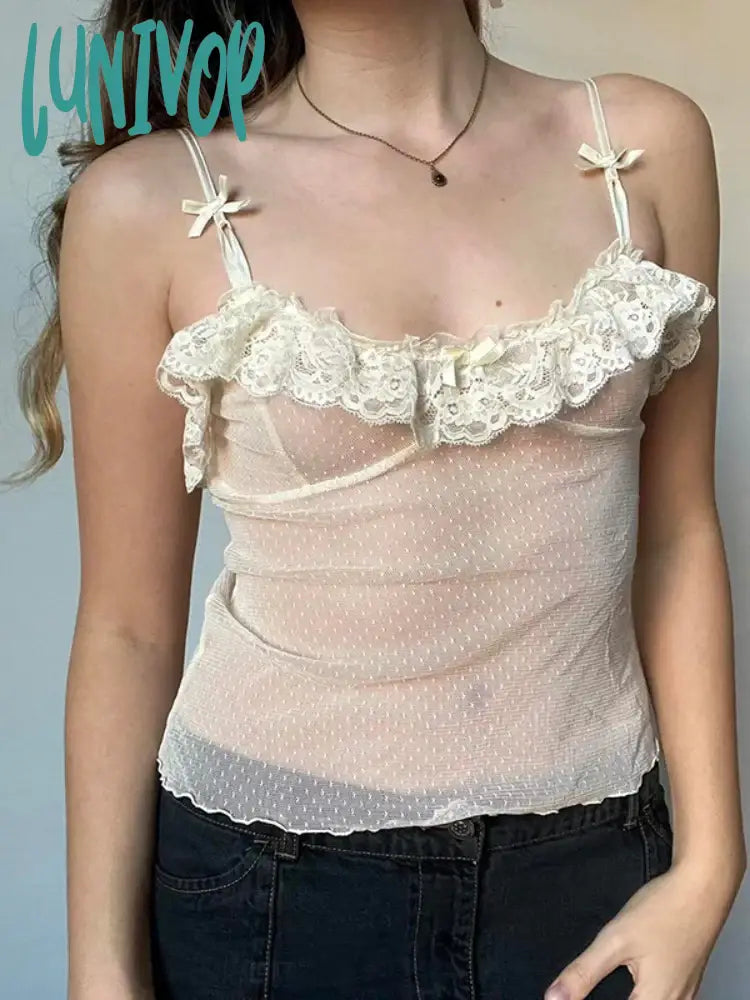 Lunivop Sweet Solid Lace Trim Camis Top See Through Sexy Slim Slash Neck Sleeveless Tank Tops Women
