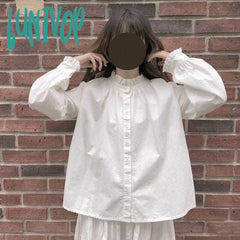 Lunivop Sweet White Shirts Women Kawaii Ruffles Lantern Sleeve Blouses Student Preppy Harajuku