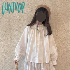 Lunivop Sweet White Shirts Women Kawaii Ruffles Lantern Sleeve Blouses Student Preppy Harajuku