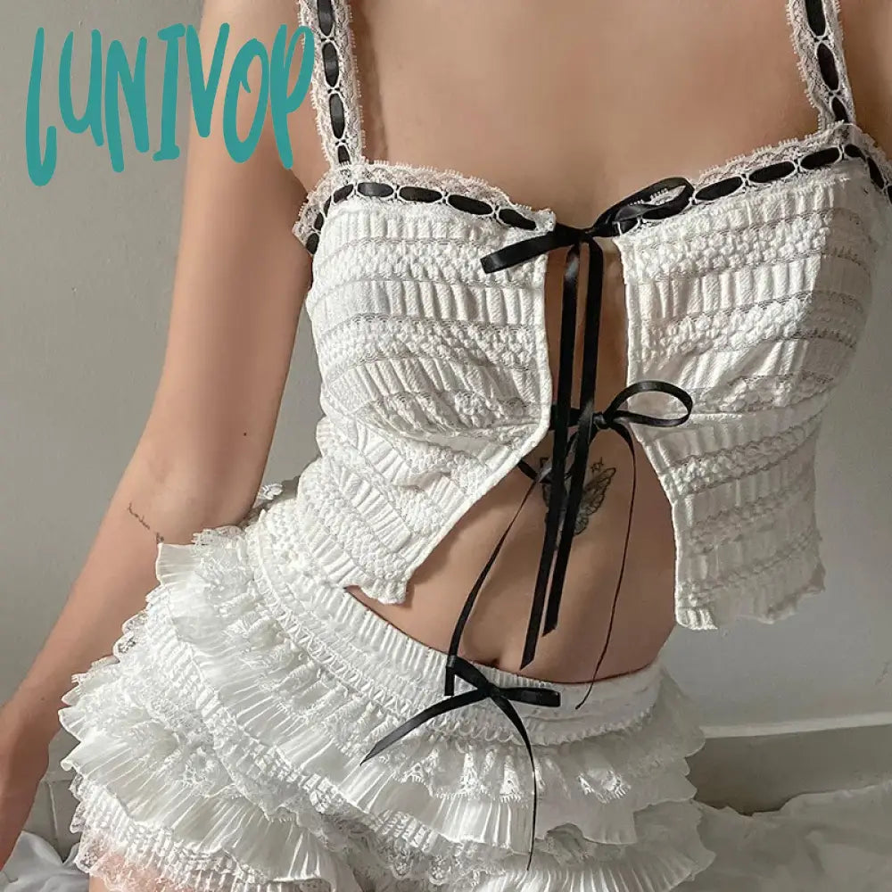 Lunivop Sweet White Women Top Camisole Shirring Cutecore Front Tie-Up Summer Crop Tops Split