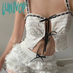 Lunivop Sweet White Women Top Camisole Shirring Cutecore Front Tie-Up Summer Crop Tops Split