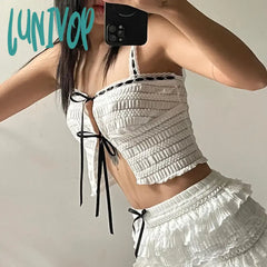 Lunivop Sweet White Women Top Camisole Shirring Cutecore Front Tie-Up Summer Crop Tops Split