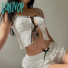 Lunivop Sweet White Women Top Camisole Shirring Cutecore Front Tie-Up Summer Crop Tops Split