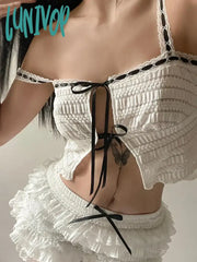 Lunivop Sweet White Women Top Camisole Shirring Cutecore Front Tie-Up Summer Crop Tops Split