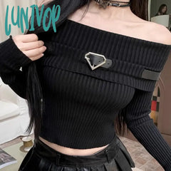 Lunivop Sweet Women Off Shoulder Knitted Crop Tops Long Sleeve Slim Fit Belt Sweaters Autumn Ribbed