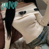 Lunivop Sweet Women Off Shoulder Knitted Crop Tops Long Sleeve Slim Fit Belt Sweaters Autumn Ribbed