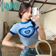 Lunivop Sweet Women’s T-Shirt Retro Short Sleeve Jacquard Love Breathable Slim Fit Knitted Crop