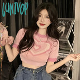Lunivop Sweet Women’s T-Shirt Retro Short Sleeve Jacquard Love Breathable Slim Fit Knitted Crop