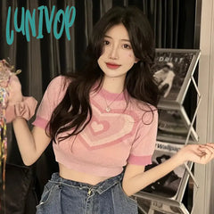 Lunivop Sweet Women’s T-Shirt Retro Short Sleeve Jacquard Love Breathable Slim Fit Knitted Crop
