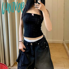 Lunivop Sweet Cute Hollow Out Bow T Shirt Set Women Casual Slim 2 Piece Sets Slash Neck Sleeveless