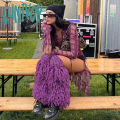 Lunivop Tassel Knitted Leg Warmers Women Y2K Purple Fashion Casual Women’s Socks 2024 New Streer