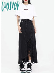 Lunivop Tattered Design Women’s Broken Hole Tassel Blue Mid Length Denim Skirt Summer Street